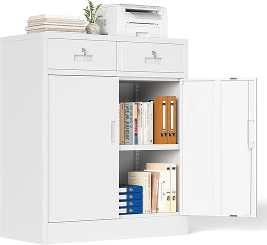 Locking Storage Cabinet, 36" H Metal Storage Cabinet, Metal Garage Storage Cabinet for Home, School, Office, Garage, White