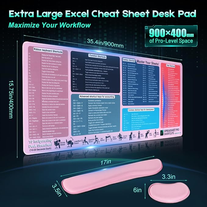 Excel Cheat Sheet Desk Pad Set, 3-Piece XXL Shortcut Mouse Pad with Keyboard and Wrist Rests, Non-Slip Office Mat, 35.5 x 15.8 in, Blush Pink