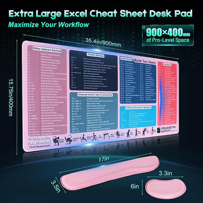 Excel Cheat Sheet Desk Pad Set, 3-Piece XXL Shortcut Mouse Pad with Keyboard and Wrist Rests, Non-Slip Office Mat, 35.5 x 15.8 in, Blush Pink