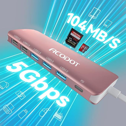 USB C Hub, 9-in-1 Multi-Port USB Adapter, 4K@60Hz HDMI, 100W Max PD, 3 USB3.0(5Gbps) + 2 USB2.0 Data Ports, SD/TF Card Reader for MacBook, iPad Pro, Dell, HP, Lenovo, Windows Laptop, Rose Gold