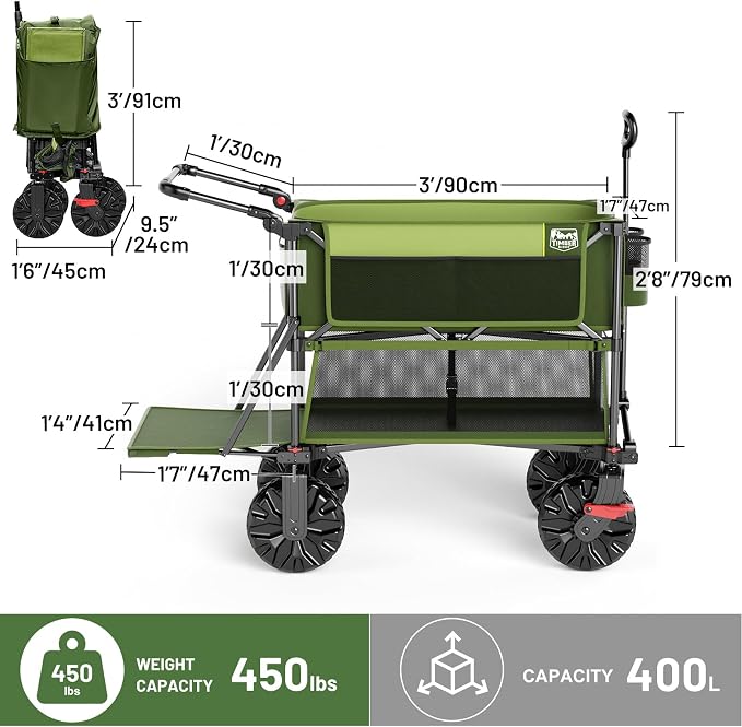 TIMBER RIDGE Push & Pull Double Decker Wagon, 400L Large Capacity Heavy Duty & 450lb Load, Collapsible Cart with All-Terrain Wheels & Brakes, 54” Extended Foldable for Sports, Beach, Camping, Green