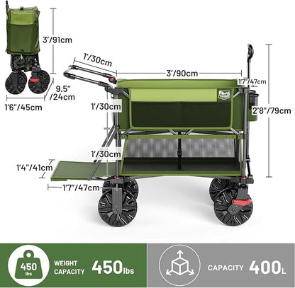 TIMBER RIDGE Push & Pull Double Decker Wagon, 400L Large Capacity Heavy Duty & 450lb Load, Collapsible Cart with All-Terrain Wheels & Brakes, 54” Extended Foldable for Sports, Beach, Camping, Green
