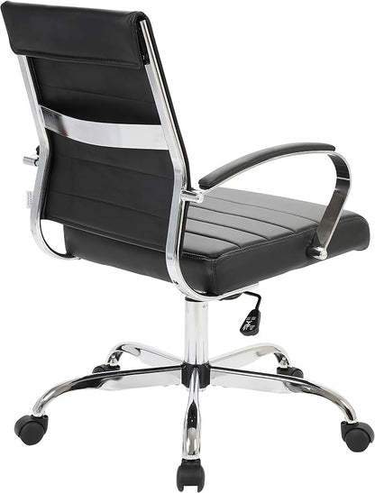 LeisureMod Benmar Leather Office Desk Chair, Mid-Back Ergonomic Swivel Chair with Lumbar Support, Adjustable Height, Tilt Lock, Cushioned Seat & Back, Home Office Task Chair (Black, Single)
