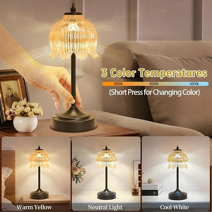Cordless Lotus Flower Table Lamp, 5200mAh Rechargeable Battery Operated Portable Lamp, 3-Color Dimmable Touch Control Small Desk Lamp for Bedroom, Office, Kitchen, Nightstand,Room Decor(Amber-2)