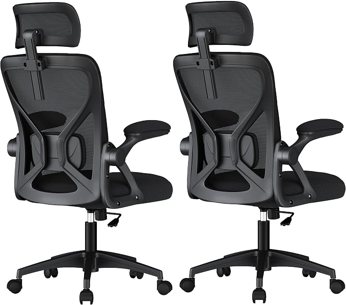 VASAGLE Ergonomic Mesh Office Chairs with Adjustable Lumbar Support and Headrest, 90-105° Tilt Function, Wide Seat, Flip‑Up Armrests, Computer Desk Chairs for Home Office, Set of 2, Ink Black