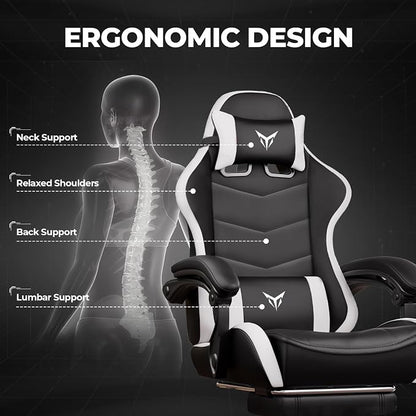 GTPLAYER Gaming Chair for Adults, Big and Tall 300LBS Heavy Duty Office Chair with Footrest, Ergonomic High Back Lumbar Support and Wide Comfy Cushion with Linkage Armrests for Home Office, White