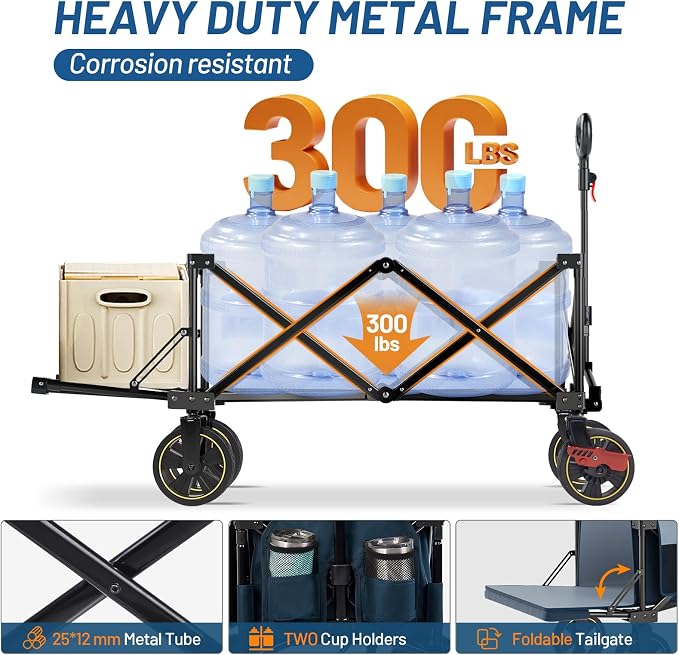 Timber Ridge 49" Collapsible Folding Wagon with Tailgate, 300lbs Heavy Duty Foldable Wagon with Wheels, 250L Capacity Portable Utility Cart for Outdoor Camping, Sports, Dogs, Blue