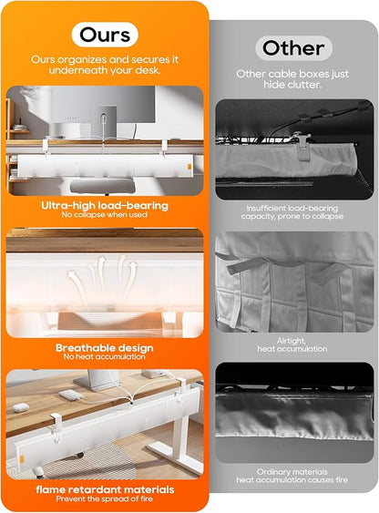 39" No Drill Under Desk Cable Management Tray (White) | Fire-Resistant Thickened Nylon Material, Clip-on Cord Organizer to Hide Power Strip, Heat Dissipation Mesh Design, for Office