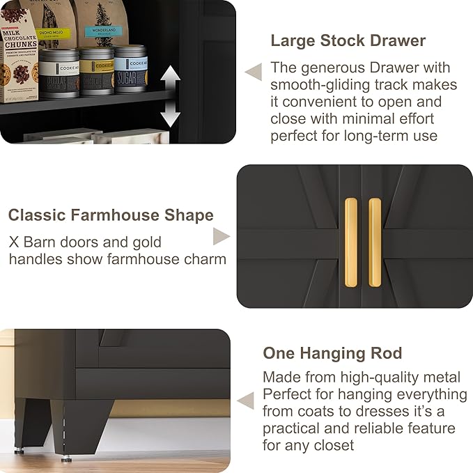 Baborokic 61H Metal Storage Cabinet with 2 Doors and Adjustable Shelves,Farmhouse Storage Cabinet with Barn Doors,Pantry Storage for Home,Office,Dining Room,Kitchen(Black)