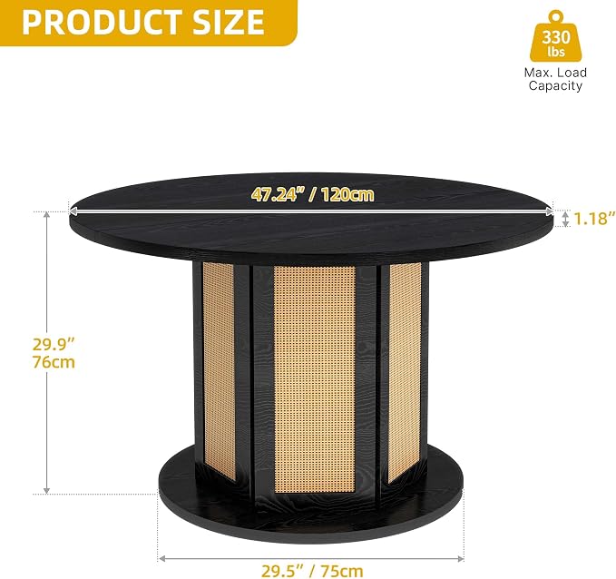 DWVO Round Dining Table for 4-6 People 47 Inch Farmhouse Kitchen Table with Rattan Circular Base Wooden Dinner Table for Dining Room Family Gathering, Black