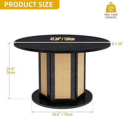 DWVO Round Dining Table for 4-6 People 47 Inch Farmhouse Kitchen Table with Rattan Circular Base Wooden Dinner Table for Dining Room Family Gathering, Black