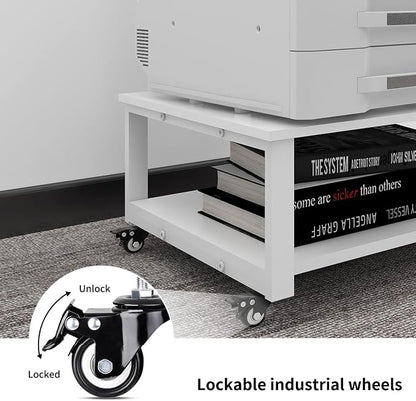 Natwind 2 Tier Laser Printer Stand,23.6''x23.6'' Large Printer Table,Copier Stand with Wheels, Heavy Duty Rolling Printer Cart with Paper Storage Shelf for Home Office (White)
