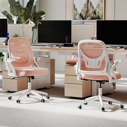 COSTWAY Office Chair, Comfy Swivel Rolling Desk Chair with Adjustable Height & Flip-Up Armrests, Ergonomic Mesh Computer Chairs with Lumbar Support for Working & Gaming, Pink