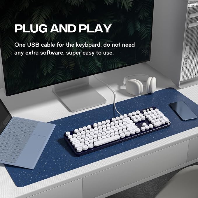 MOWUX Computer Keyboard Wired, Plug and Play USB Retro Round Typewriter Keyboard, Full Size Wired Keyboard with Foldable Stands for Laptop and Office PC- Dark Blue