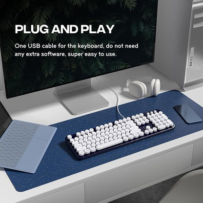 MOWUX Computer Keyboard Wired, Plug and Play USB Retro Round Typewriter Keyboard, Full Size Wired Keyboard with Foldable Stands for Laptop and Office PC- Dark Blue