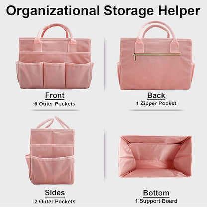 Cupohus Art Organizer Craft Storage Tote Bag with Pockets and Handles, Oxford Fabric Carrying Caddy for Teacher, Officer, Artist, Traveler, and more –Pink