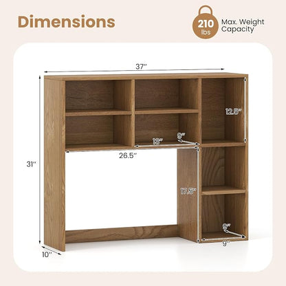 LDAILY Desktop Bookshelf, 37’’ Wood Desk Shelf with 7 Cubes & 3 Adjustable Shelves, 3-Tier Desk Display Rack, Desk Hutch for Dorm College Office Computer Monitor Up to 27’’ (Natural, 7 Shelves)