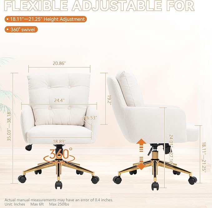 Flannel Office Chair Vanity Chair Comfy Home Office Desk Chairs with Lumbar Support, Modern Plush Fabric Desk Gold Legs Swivel Task for Home Office Bedroom Study White Upgraded Version