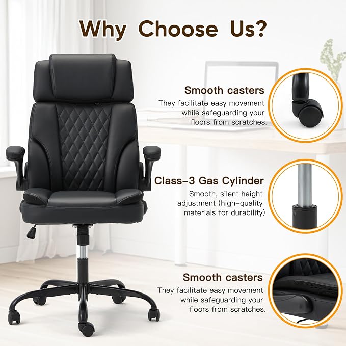 ECOTOUGE Executive Office Chair, Ergonomic Big and Tall Desk Chair with Adjustable Headrest,High PU Leather Comfy Heavy Duty Computer Chair with Padded Flip-up Arm, Black