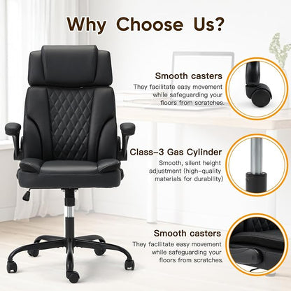 ECOTOUGE Executive Office Chair, Ergonomic Big and Tall Desk Chair with Adjustable Headrest,High PU Leather Comfy Heavy Duty Computer Chair with Padded Flip-up Arm, Black