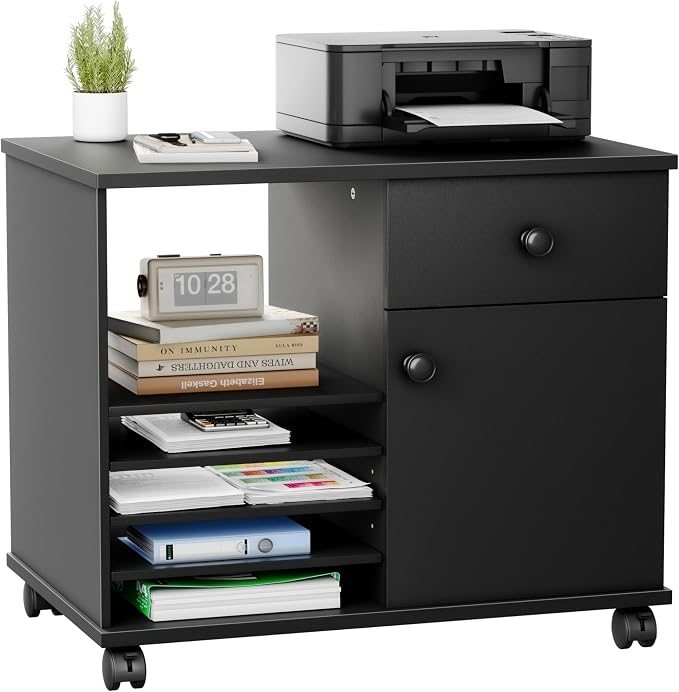 Quikraen Wooden Rolling File Cabinet Black | Mobile Lateral Office Filing Cabinets with Doors Under Desk Cabinet for Office Supplies