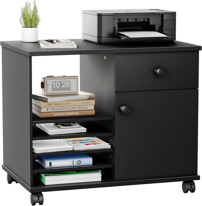 Quikraen Wooden Rolling File Cabinet Black | Mobile Lateral Office Filing Cabinets with Doors Under Desk Cabinet for Office Supplies