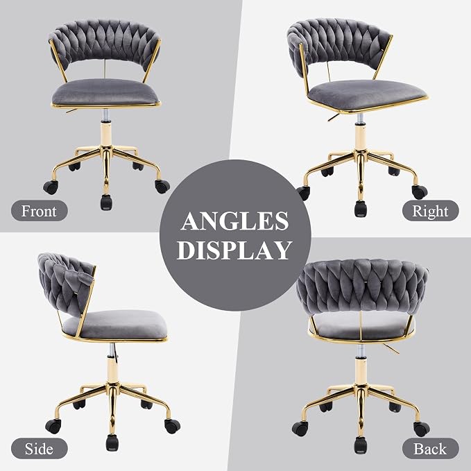 NIOIIKIT Home Office Chair, Velvet Upholstered Task Chair with Woven Open Back, 360° Swivel Desk Chair with Wheels, Adjustable Vanity Chair, Computer Chair for Office, Studio (Grey)
