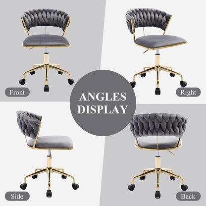 NIOIIKIT Home Office Chair, Velvet Upholstered Task Chair with Woven Open Back, 360° Swivel Desk Chair with Wheels, Adjustable Vanity Chair, Computer Chair for Office, Studio (Grey)