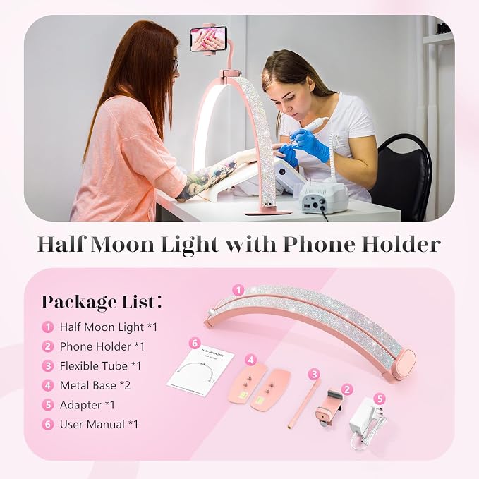 Yokilly Half Moon Light for Nail Desk: 29" Foldable Half Moon Nail Desk Lamp with Phone Holder for Beginner - Arch Tech Light with 3 Color Modes & 10 Brightness for Manicure Salon (Pink Diamond)