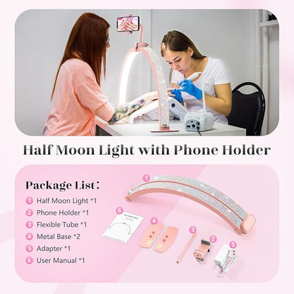 Yokilly Half Moon Light for Nail Desk: 29" Foldable Half Moon Nail Desk Lamp with Phone Holder for Beginner - Arch Tech Light with 3 Color Modes & 10 Brightness for Manicure Salon (Pink Diamond)