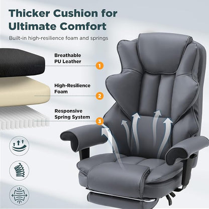 HOMREST Grey Ergonomic Office Chair | 6-Point Vibration Massage & Heat, Reclining Executive Chair, Adjustable Footrest and Armrests, PU Leather Big and Tall