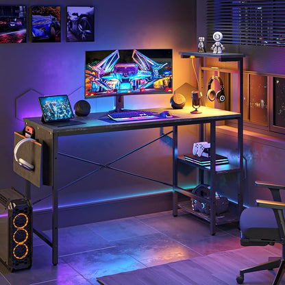 Bestier Gaming Desk with LED Lights, 51.3 Inch Computer Desk with 4 Tiers Reversible Shelves, Gamer Desk with Side Storage Bag, Hooks and Height Adjustable Shelf (Black Marble)