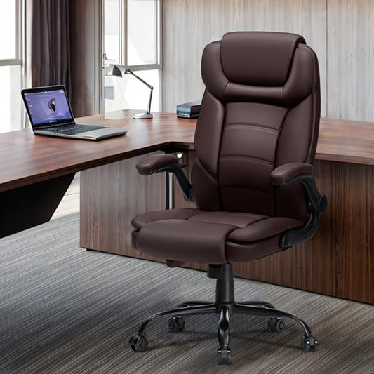 Big and Tall Office Chair 450lbs Heavy Duty Executive Desk Chair with Adjustable Lumbar Support High Back Ergonomic Home Computer Leather Chair with Padded Flip-up Arms for Heavy People,Brown