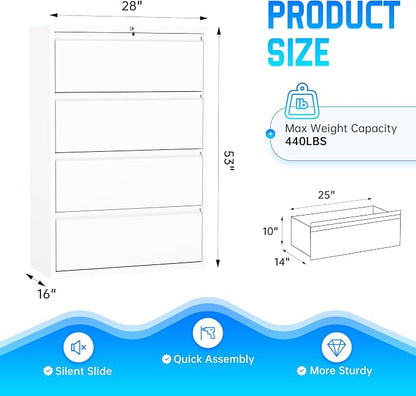 Greenvelly 4 Drawer File Cabinet, Lateral Filing Cabinet for Home Office, White Metal File Cabinet with Lock, Lockable Lateral File Cabinet with Hanging Files&Key for Letter/Legal/F4/A4