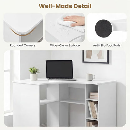 GOFLAME White Corner Desk with Charging Station, Small Corner Desk with Storage Shelves, Triangle Computer Desk, Study Writing Table for Home Office, Small Spaces