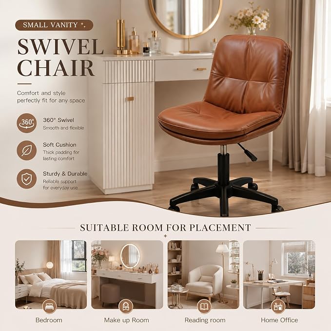 Vanity Chair with Back, PU Leather Swivel Office Desk Chair, Height Adjustable Armless Chair for Small Spaces, Bedroom, Vanity, Home Office （Brown）
