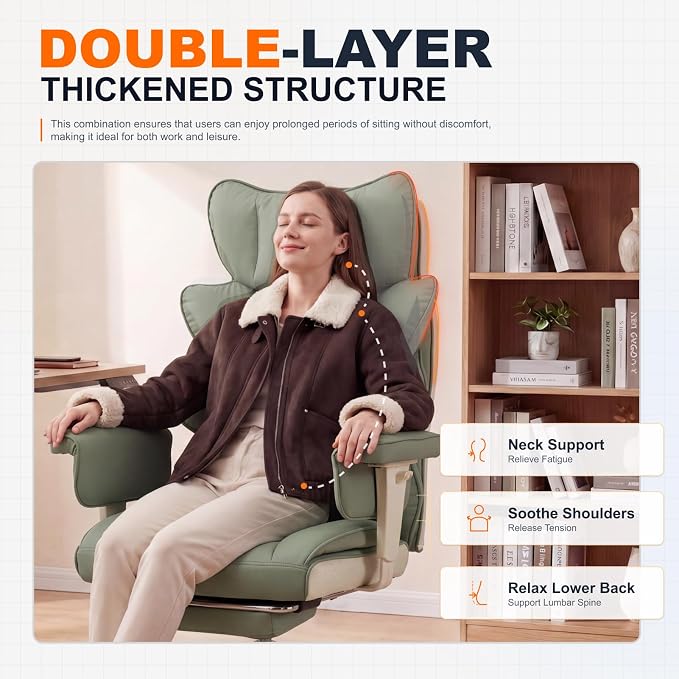 Dowinx Big and Tall Office Chair with Pocket Springs Cushion,High Back Computer Gaming Chairs with Adjustable Armrests,Executive Desk Chairs with Lumbar Support and Footrest,PU Leather-Green