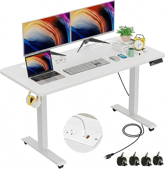 farexon 48 x 24 inch Standing Desk Electric Adjustable Height with Power Outlets, Stand up Desk with Wheels, Preset Heights Home Office Gaming Computer Workstations Table(White)