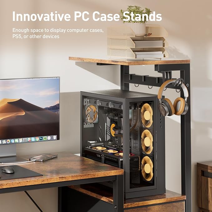 HLDIRECT 44 inch Gaming Desk with 3 Fabric Drawers & Side Hooks-Reversible Home Office Computer Desk with Power Outlets & Led Lights, Gamer Desk Table with Monitor Stand, Rustic Brown
