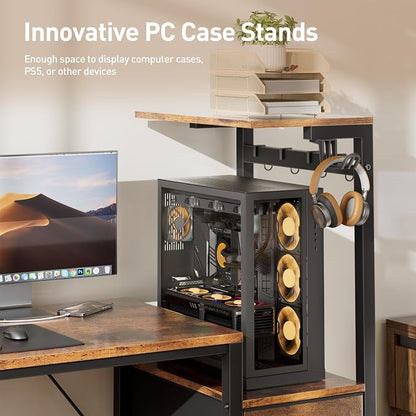 HLDIRECT 44 inch Gaming Desk with 3 Fabric Drawers & Side Hooks-Reversible Home Office Computer Desk with Power Outlets & Led Lights, Gamer Desk Table with Monitor Stand, Rustic Brown