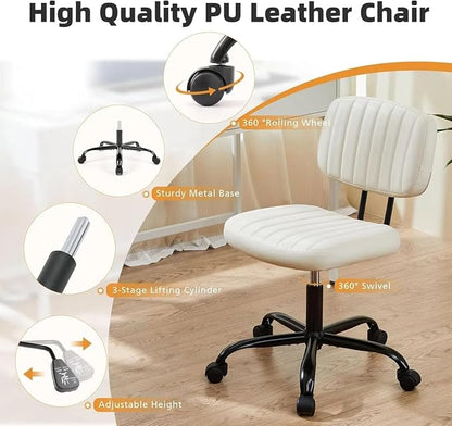 HealSmart Small Office Desk Chair with Wheels, Armless Desk Chair with Lumbar Support, PU Leather Low Back Adjustable Height 360° Rolling Swivel Task Chair Without Arm for Home, Bedroom,Office, White