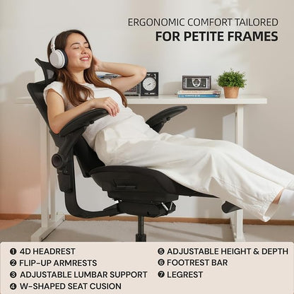 CabLady S2 Petite Office Chair for Women & Small Frames | 330lb Capacity, 4D Adjustable Lumbar/ Headrest, Flip-Up Arms & Footrest, Ergonomic Desk Chair
