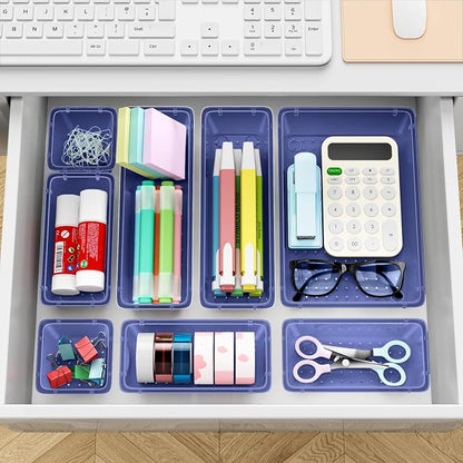 ElegantArray 12 PCS Drawer Organizer Set, 4 Sizes Tool Storage Trays, Clear Plastic Makeup Vanity Organizer and Storage Bins for Stationeries, Multiple Gadgets for Office, Bedroom, Navy Blue