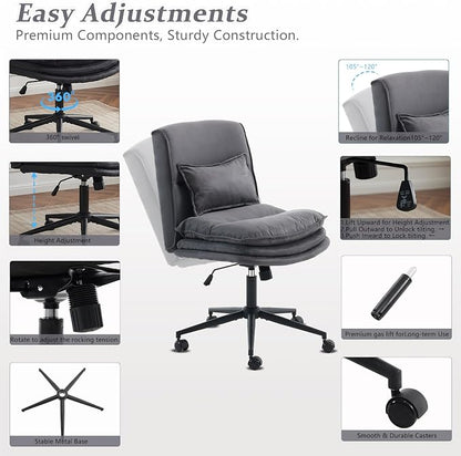 VINGLI Cloud Criss Cross Legged Chair,18" High Back Armless Home Office Desk Chair with Wheels,Wide Adjustable Comfy Padded Seat Task Computer Chair,Modern Swivel Makeup Vanity Chair,Microfiber,Grey