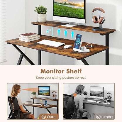 Giantex Rolling Computer Desk with Charging Station, Mobile Portable Laptop Desk with Monitor Stand & Storage Shelf, Small Desk with Lockable Wheels for Small Spaces, Home Office (Rustic Brown)
