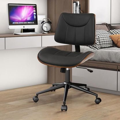 CLATINA Office Chair Armless with Wheels, Mid-Century Modern Walnut Desk Chair, Adjustable Height Reading Chair, PU Leather Mid Back & Swivel Computer Chairs for Home Meeting Room Bedroom, Black(1 PK)