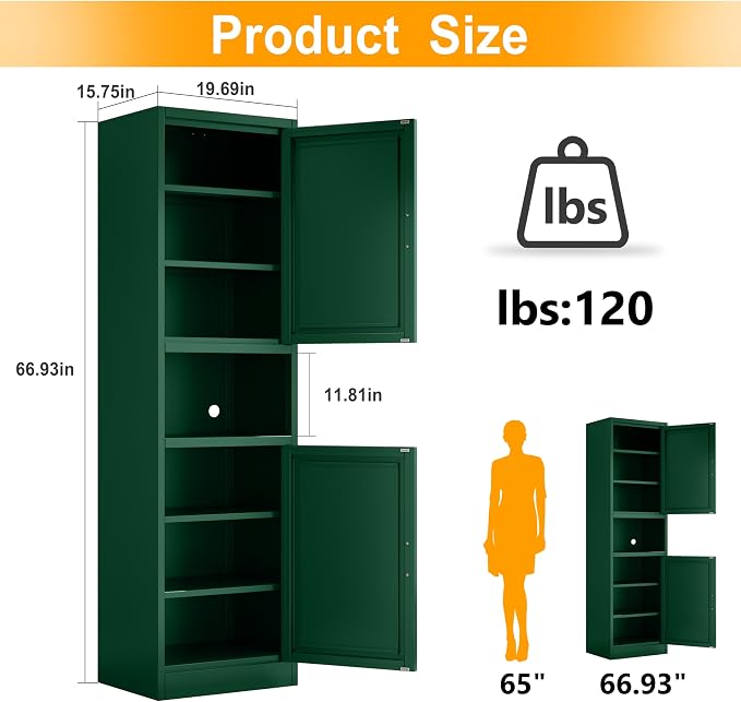 Ckzbx Tall Narrow Storage Cabinet 66.93" H Tall Bathroom Cabinet Metal Pantry Cabinets, 4 Adjustable Shelves for Kitchen, Home Office, Living Room, Dinning Room (20 inches Wide Green)