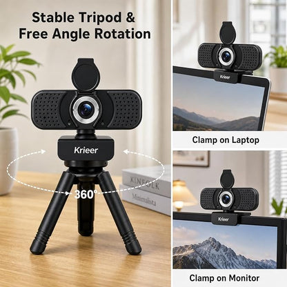 1080P HD Webcam with Dual Mics, Rotatable Tripod, Privacy Cover & USB‑A to C Adapter – Plug & Play USB Camera with Auto Light Correction for PC/Laptop, Video Calls, Streaming, Gaming & Online Meetings
