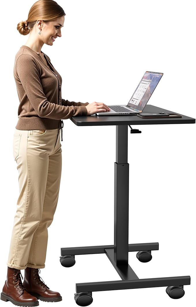 GallopFun Mobile Laptop Standing Desk Adjustable Height, Small Mobile Desk Workstation with Wheels, Portable Rolling Computer Desk Cart for Home Office Classroom (Black)