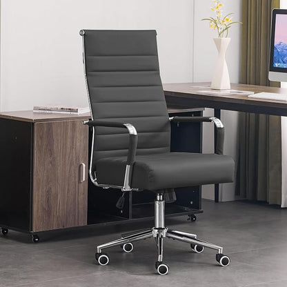 Office Desk Chair, Leather Conference Room Chairs with Wheels and Arms, Modern Ergonomic High Back Executive Ribbed Height Adjustable Swivel Chair for Home Office (Grey)